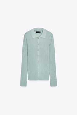 ZARA ТРИКОТАЖНЫЙ ТОП ПОЛО С МЕТАЛЛИЗИРОВАННОЙ НИТЬЮ, ПАСТЕЛЬНО-СИНИЙ