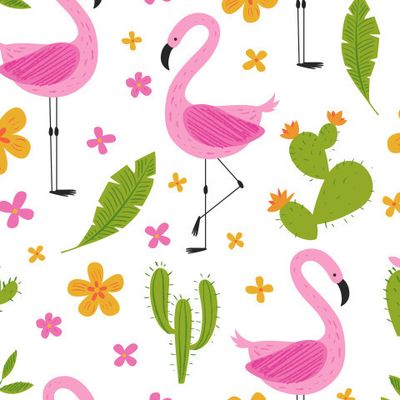 Фламинго и цветы. Детский тропический принт.