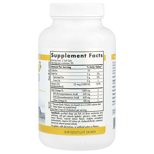 Nordic Naturals, ProOmega®-D, лимон, 180 мягких таблеток