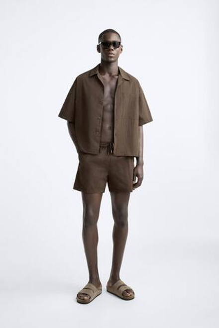 ZARA РУБАШКА BOXY-FIT ИЗ ВЫСОКОТЕХНОЛОГИЧНОЙ ТКАНИ, КОРИЧНЕВЫЙ