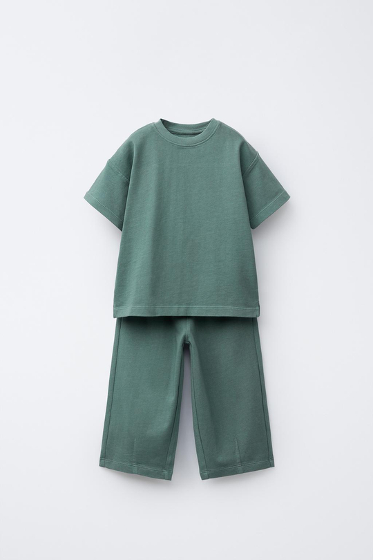 ZARA КОМПЛЕКТ ИЗ ОДНОТОННОЙ ФУТБОЛКИ И БРЮК WIDE LEG, ЗЕЛЕНЫЙ