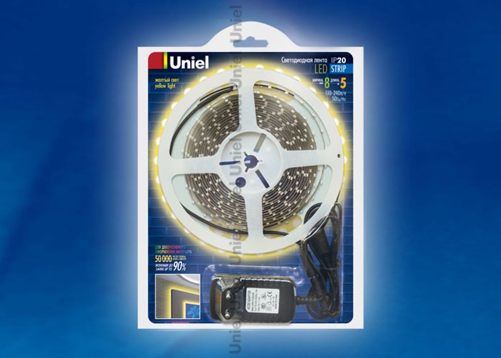 ULS-3528-60LED/m-8mm-IP20-DC12V-YELLOW Лента светодиодная UNIEL. Серия «Готовые решения» - катушка 5 м в блистере. В комплекте с адаптером. IP20. Желт