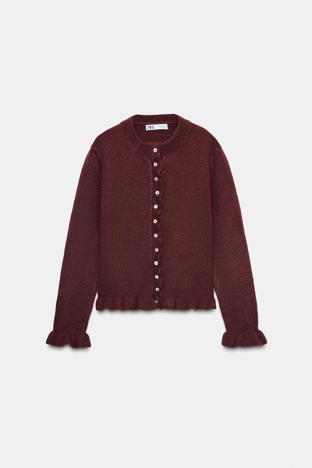 ZARА ТРИКОТАЖНЫЙ КАРДИГАН С ВОЛАНАМИ, БУРГУНДИ