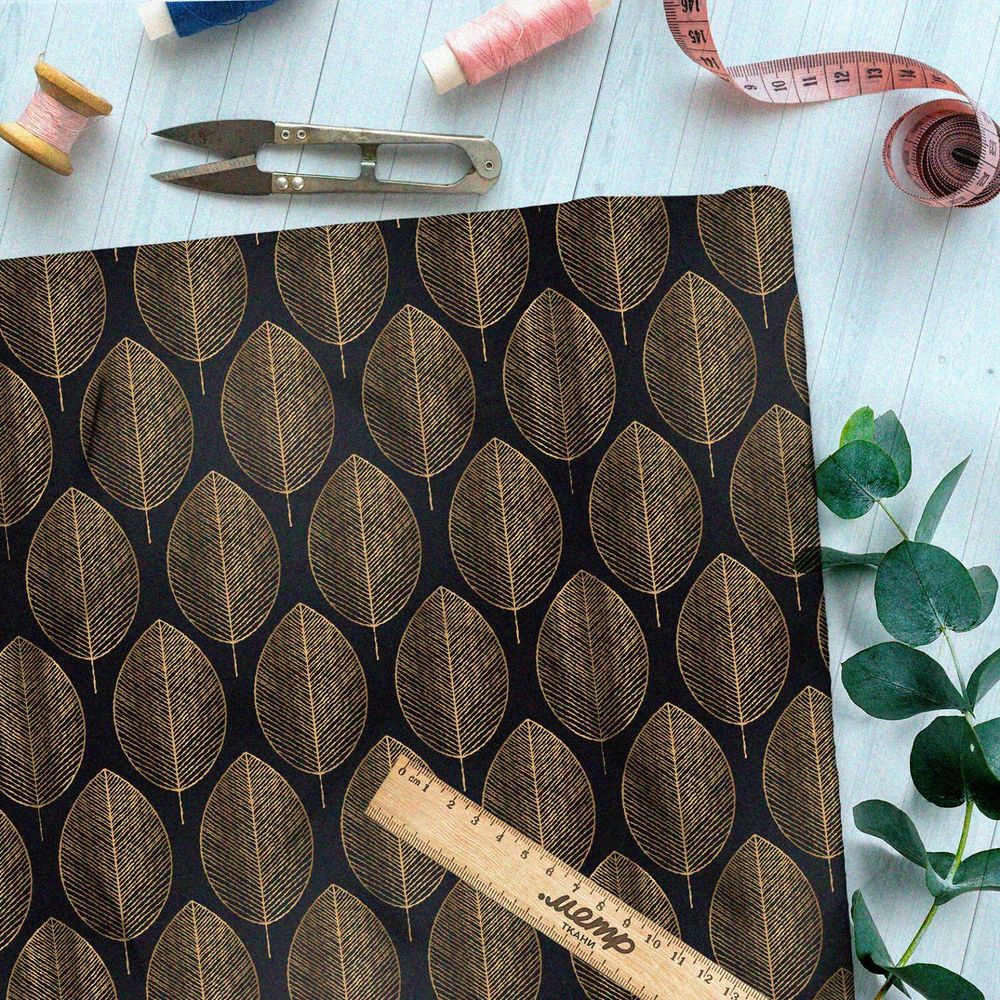 Ткань шелк Армани бронзовые листья на чёрном фоне