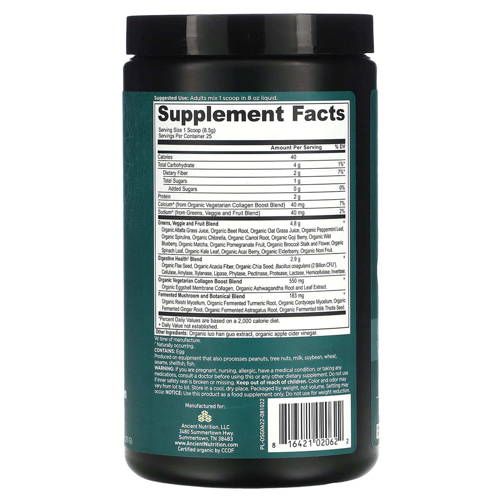 Ancient Nutrition, органическая суперзелень с коллагеном, 213 г (7,5 унции)