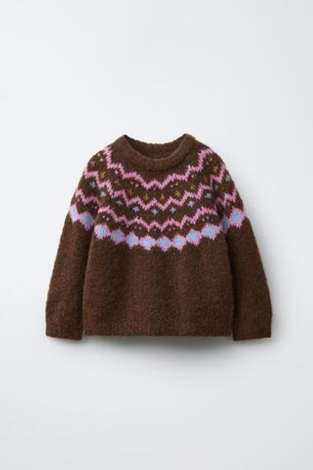 ZARA ТРИКОТАЖНЫЙ СВИТЕР С КОНТРАСТНЫМ УЗОРОМ, ШОКОЛАДНЫЙ