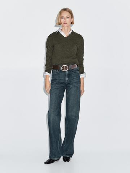 Massimo Dutti Свитер из смесовой шерсти с V-образным вырезом, зеленый
