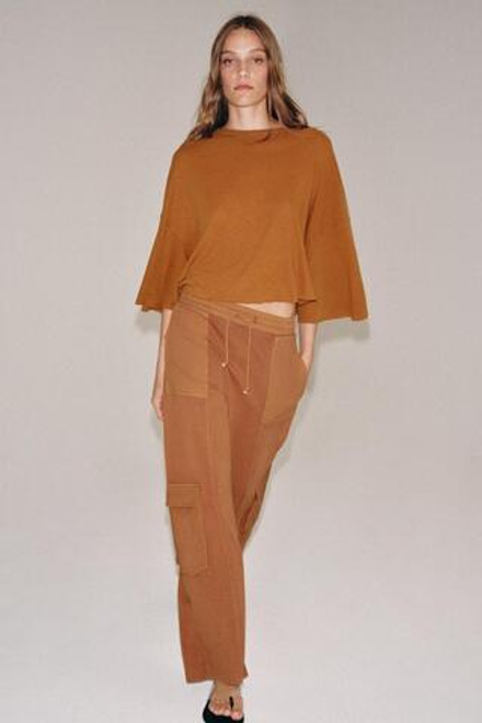 ZARA ФУТБОЛКА ИЗ ХЛОПКА И ЛЬНА, ЦВЕТ ЖЖЕНОГО АПЕЛЬСИНА