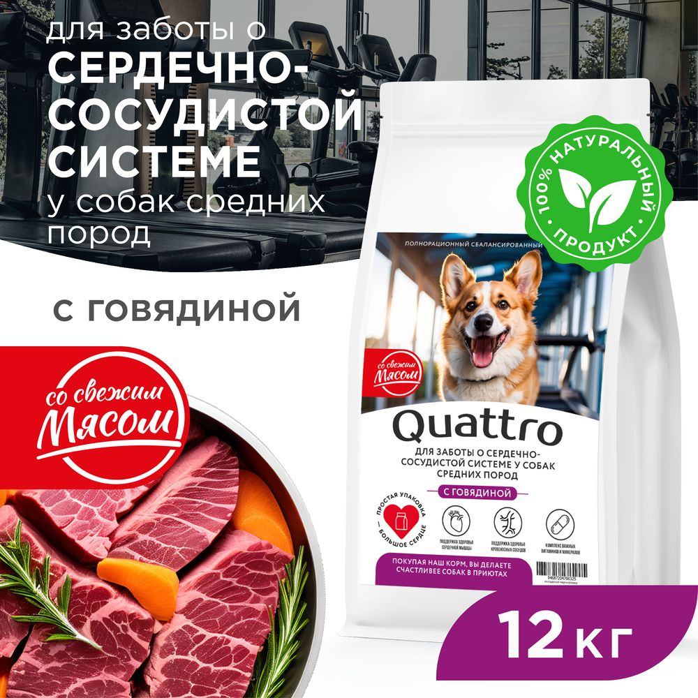 Корм сухой для взрослых собак средних пород, премиум полнорационный комплекс, забота о сердце и сосудах, с говядиной, 12 кг, QUATTRO