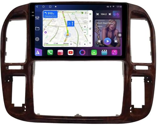 Магнитола для Toyota Land Cruiser 100, Lexus LX470 1998-2002 (кондиционер или климат внизу, рамка дерево) - FarCar BM9-2K-9608F3 монитор 9.5" 2K QLED на Android 14, Быстрая, CarPlay, 4G SIM-слот