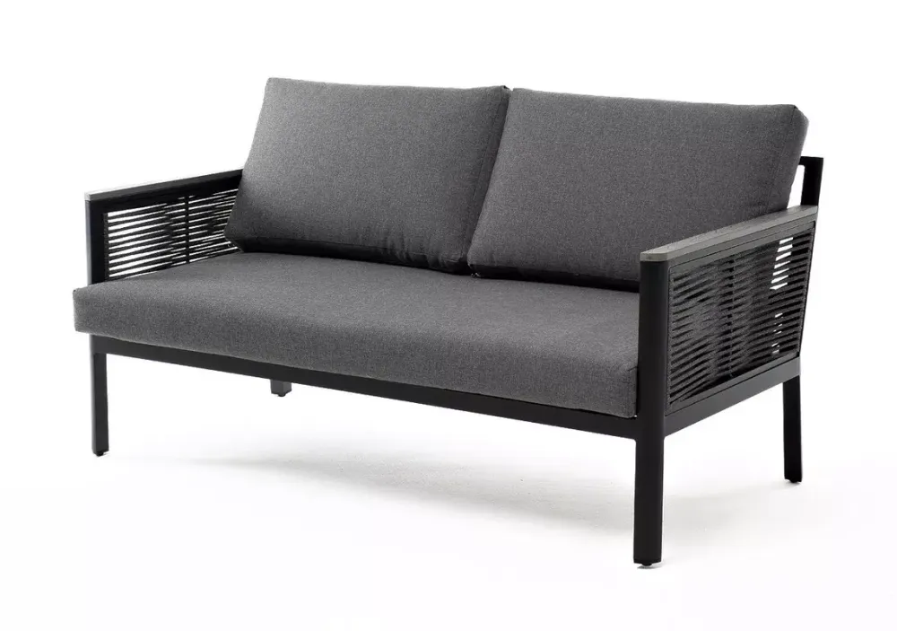 "Сан Ремо" диван 2-местный плетеный из роупа, каркас алюминий темно-серый, роуп серый, ткань серая