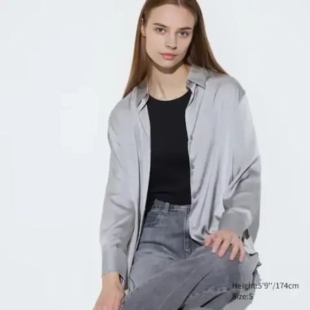 UNIQLO АТЛАСНАЯ БЛУЗКА С ДЛИННЫМИ РУКАВАМИ, СЕРЫЙ