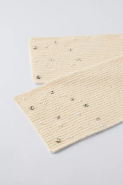 ZARA ТРИКОТАЖНЫЙ ШАРФ С БУСИНАМИ, ЭКРЮ