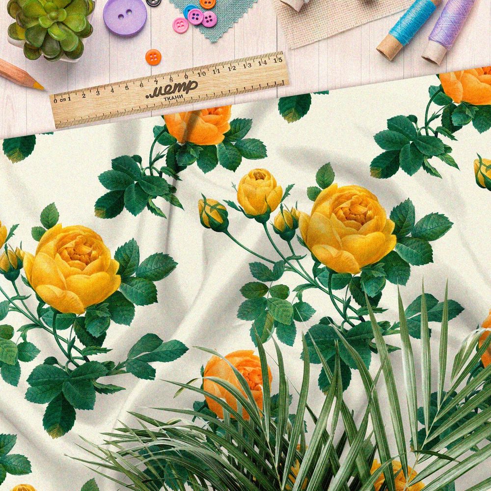 Ткань шелк Армани жёлтые розы на бежевом фоне