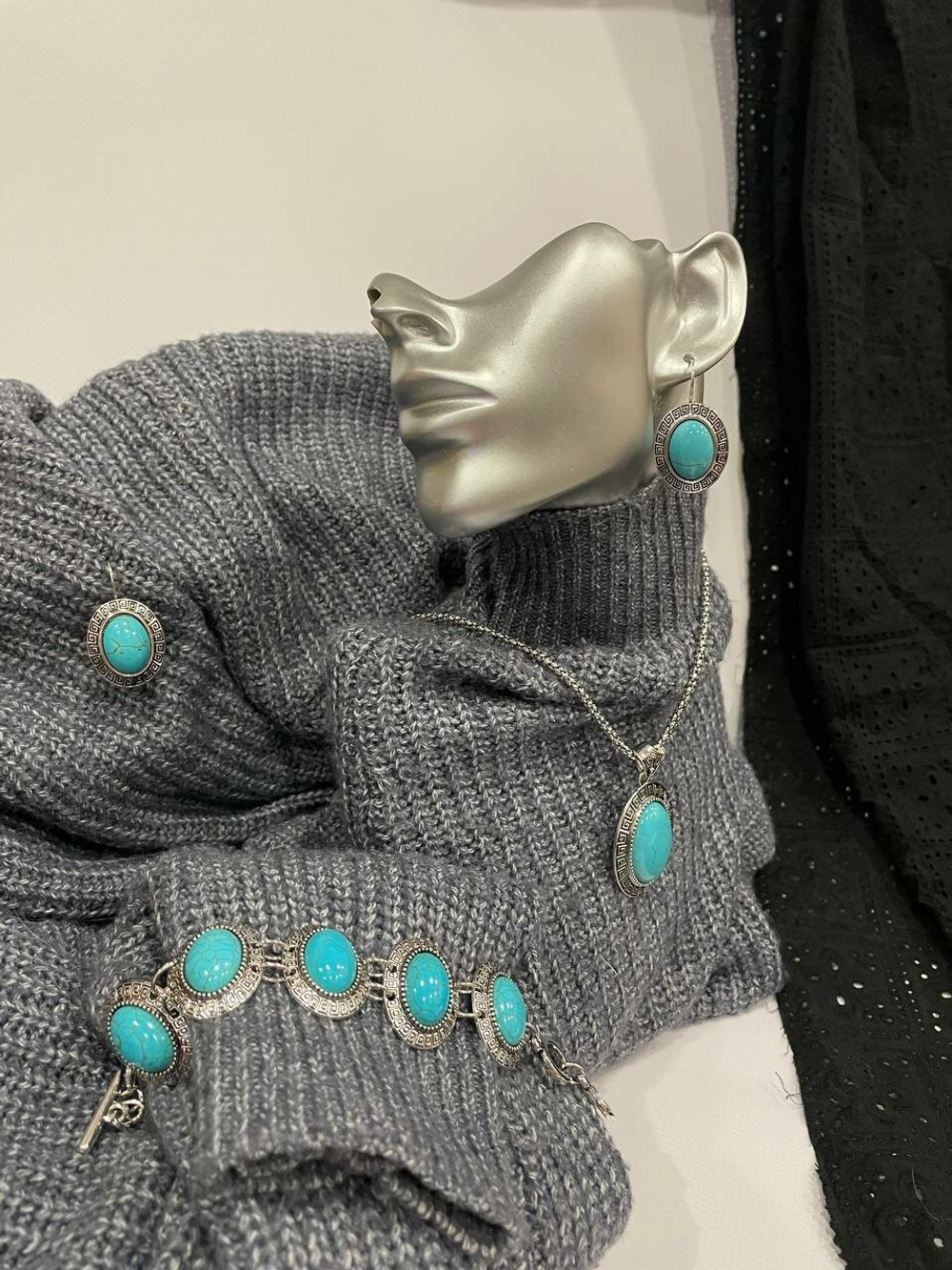 Комплект бижутерии. Подвеска, серьги, браслет  "Бирюза" Форма "Овал""