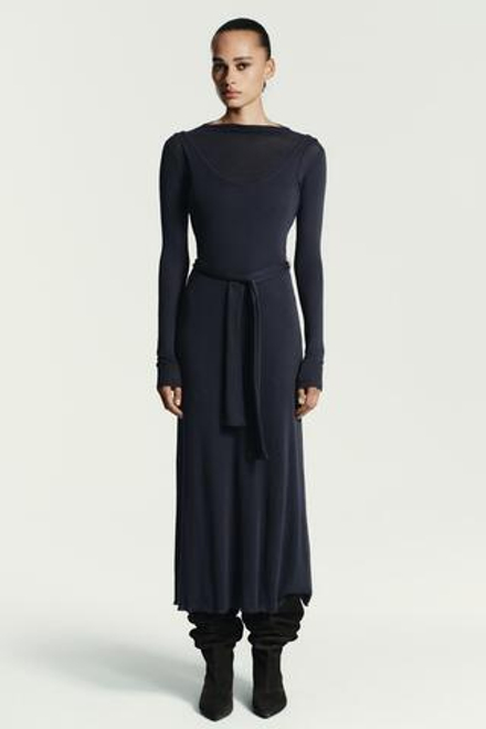ZARA ДЛИННОЕ ПЛАТЬЕ С ЭФФЕКТОМ ДВОЙНОГО ПОЯСА-ЗАВЯЗКИ, СВИНЦОВЫЙ