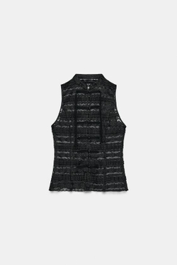 ZARA КРУЖЕВНОЙ ТОП С ЗАСТЕЖКАМИ-ТОГГЛ, ЧЕРНЫЙ