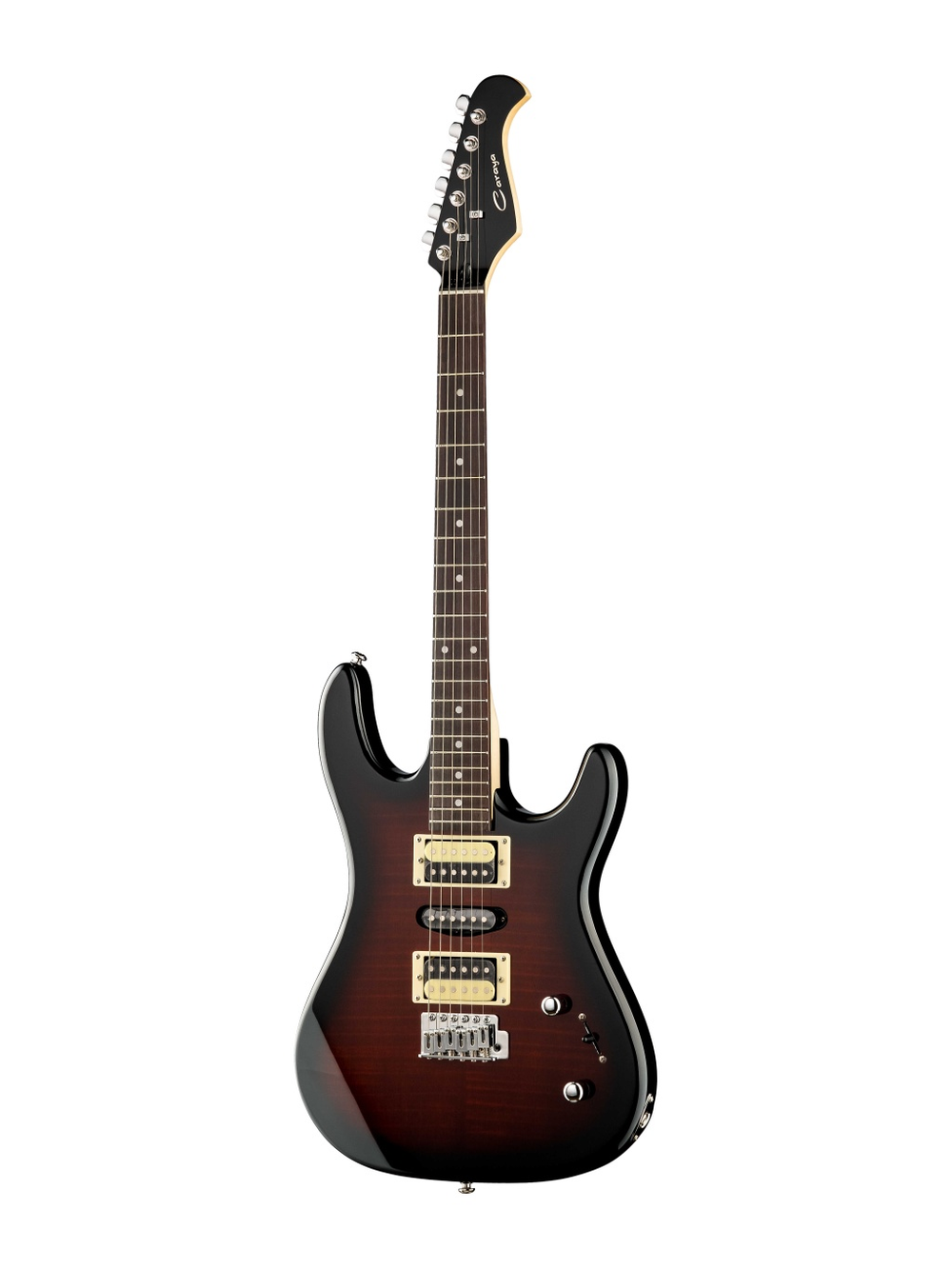 Caraya E252TRDS Электрогитара. Корпус типа «Stratocaster» из древесины твердых пород. Гриф изготовлен из клена, накладка грифа из палисандра. Мензура - 648 мм, 22 лада. Цвет: красный санберст.