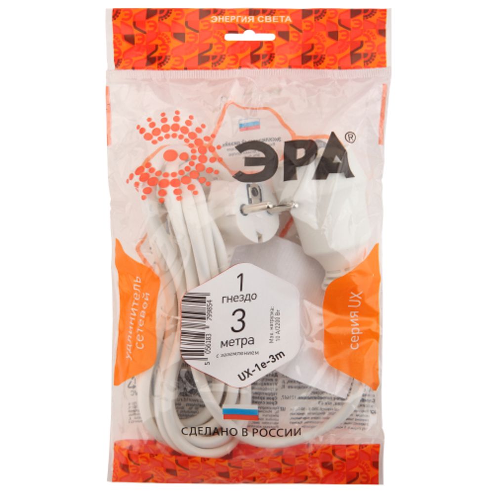 Удлинитель электрический ЭРА UX-1е-3m с заземлением 1 розетка 3м ПВС 3x0,75мм2 10А