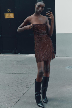 ZARA ПЛАТЬЕ БЕЗ БРЕТЕЛЕК С БЛЕСКОМ, БАКЛАЖАННЫЙ