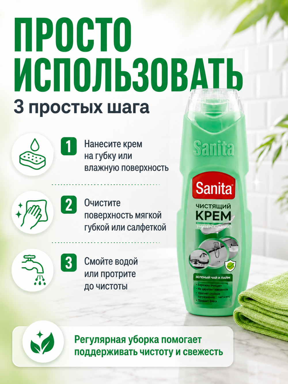 Чистящее средство универс.крем Sanita Зеленый чай и лайм 300мл