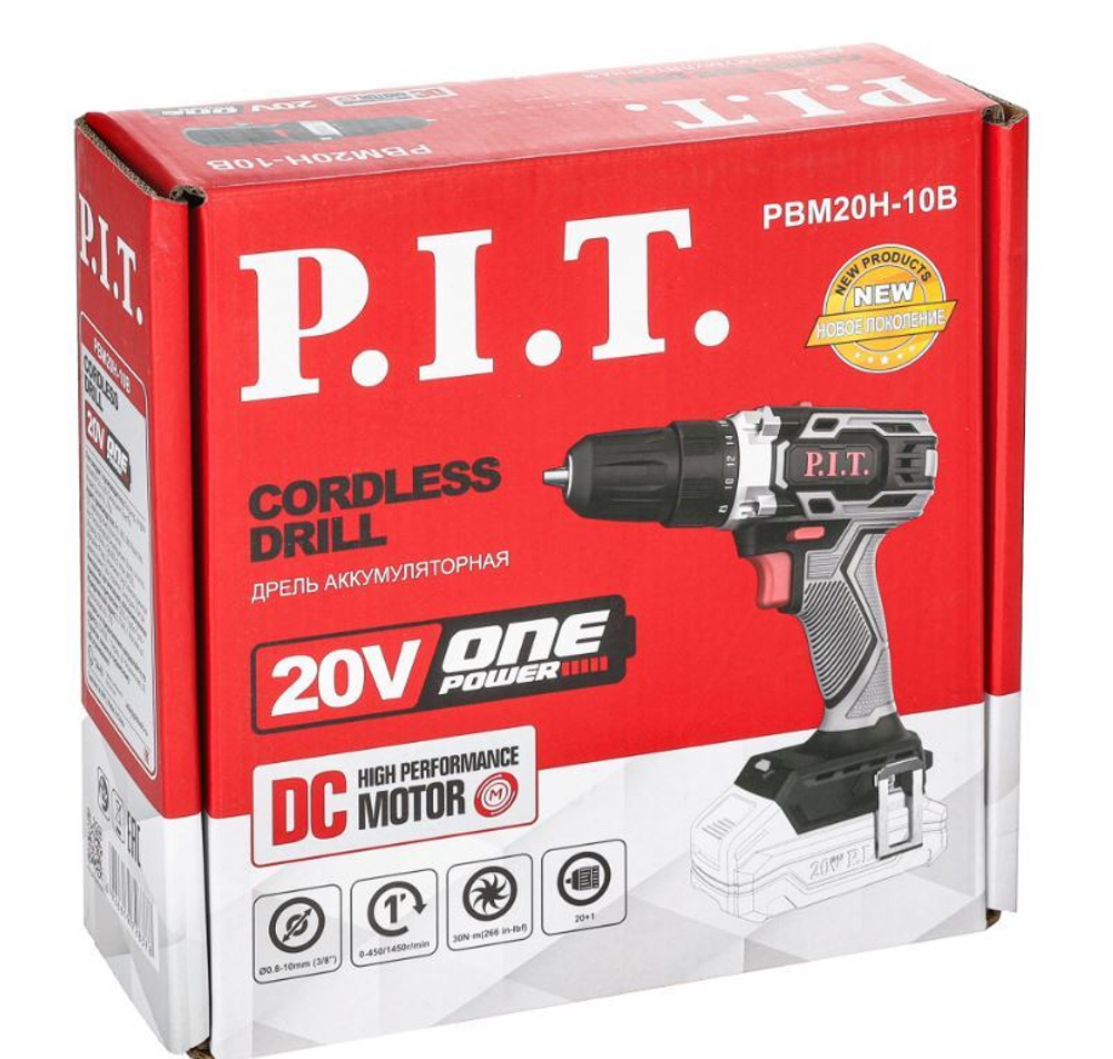 ЕАС Дрель АККУМ. PBM20H-10B SOLO (20В, 30Нм, патрон 10 мм, 2ск, коробка) P.I.T