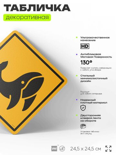 Табличка прикольная "Осторожно, киты №2" на дверь и стену, информационная и предупреждающая, декоративный знак, 24,5х24,5 см, пластиковая, Айдентика Технолоджи
