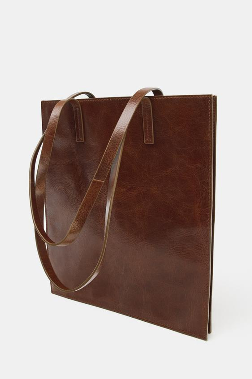 ZARA КОЖАНАЯ СУМКА-ШОПЕР, ШОКОЛАДНЫЙ