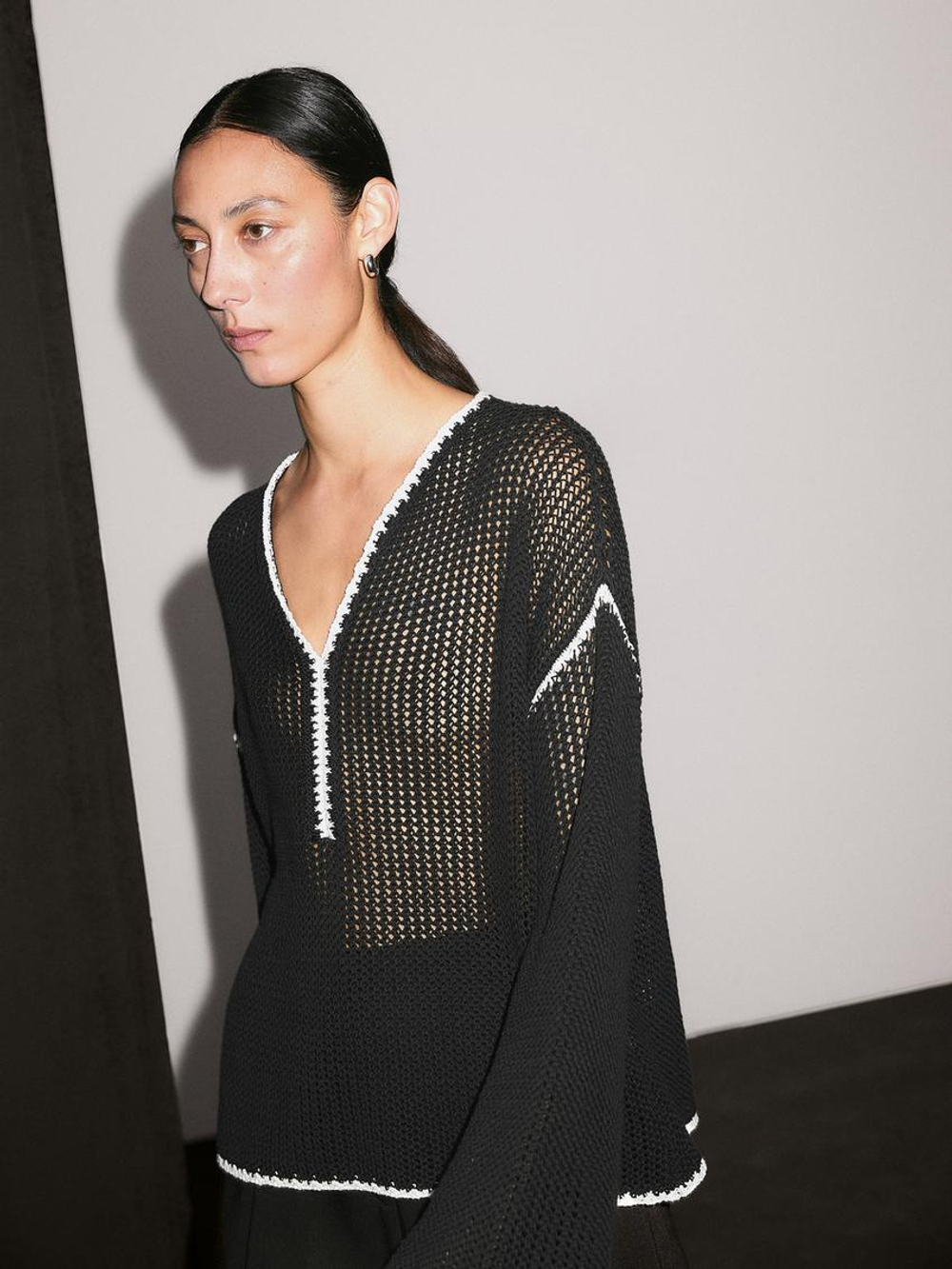 Massimo Dutti Свитер ажурной вязки из 100% хлопка, черный