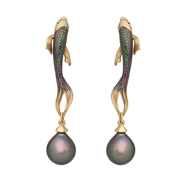Серьги Рыбы с Морским Жемчугом, Сапфирами и Цаворитами, E0251-0/18