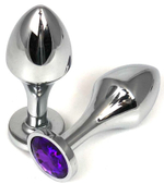 Серебристая анальная пробка на удлиненной ножке с фиолетовым кристаллом - 9 см. (Цвет: фиолетовый)