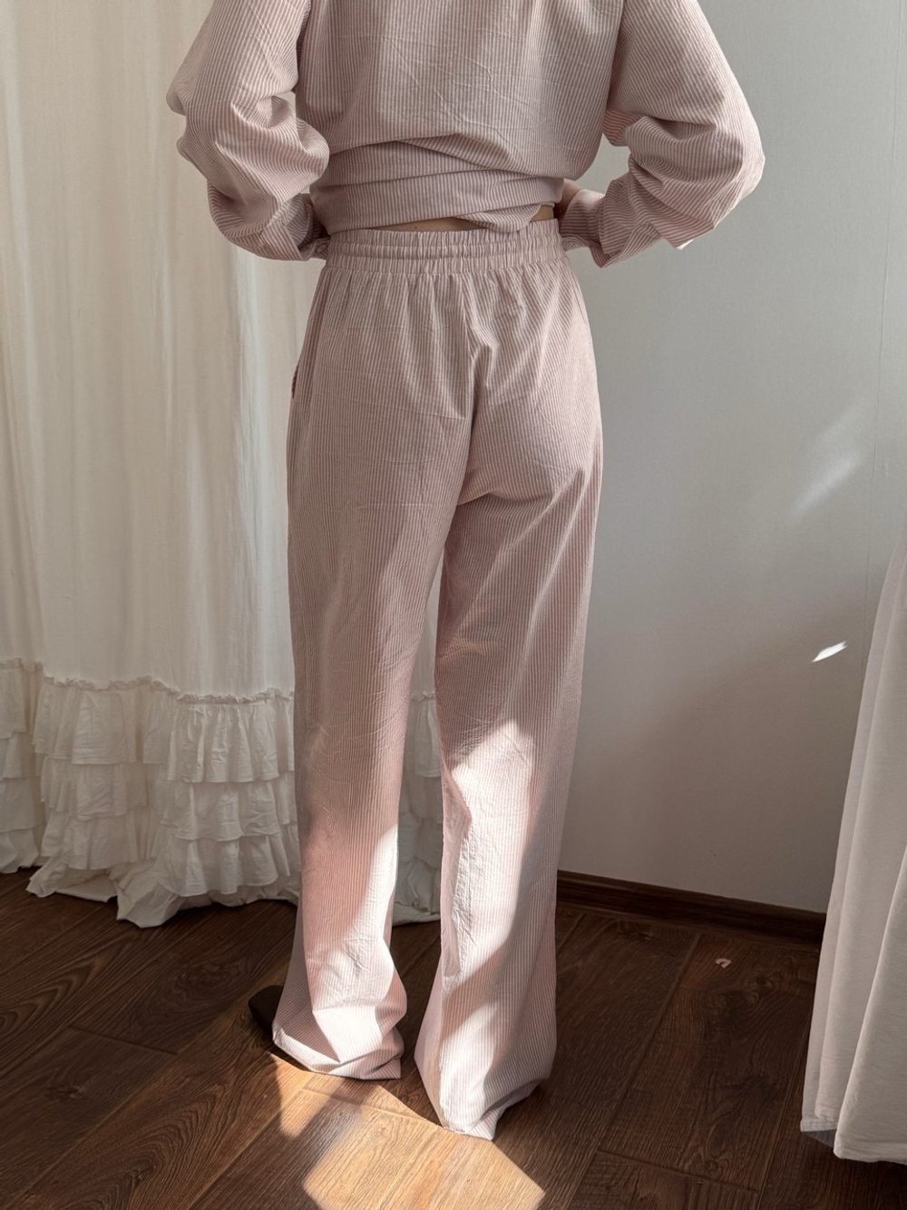 Брюки из вареного хлопка, Пудровый в полоску