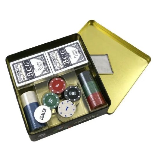 Набор "Покер" в мет.банке (100 фишек с номиналом 4 гр., 2 колоды карт)