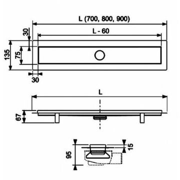 Дренажный канал TECE TECElinus 15103079 L=700 мм, 2 в 1 (tile/steel) с мембраной