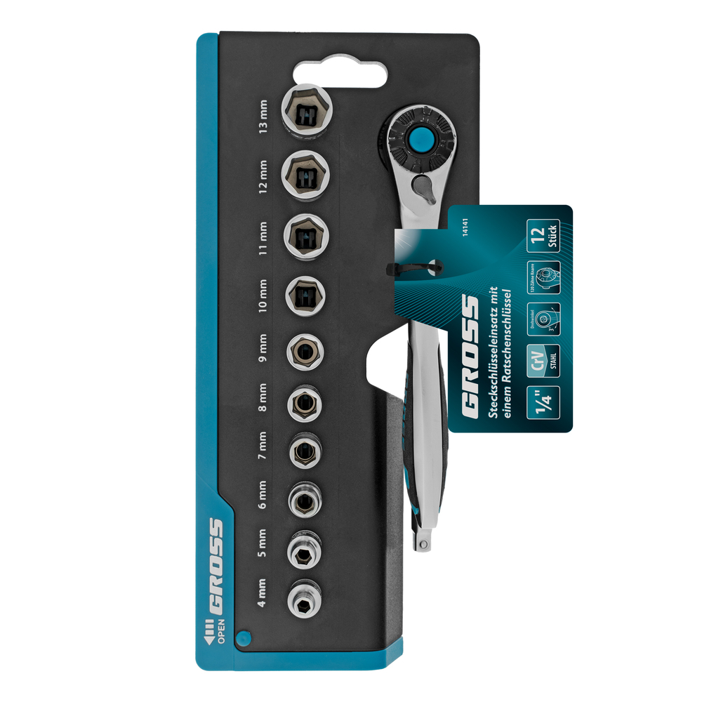 Набор торцевых головок, трещотка 120 зубьев, 1/4", CrV, 12 предметов Gross