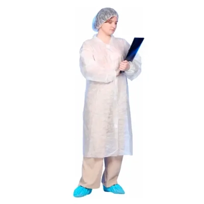 Халат одноразовый защитный с воротником размер 54-56 длина 110 см на липучках спереди плотность 25 100 шт белый