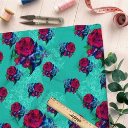 Ткань дюспо красно-синие цветы на бирюзовом