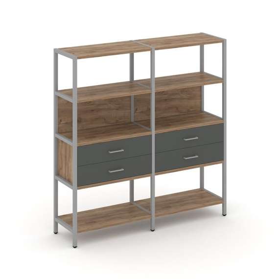 Shelf System Двухсекционный стеллаж четырехярусный с ящиками SN.STM-422 Дуб Табак/Антрацит/Металл Се