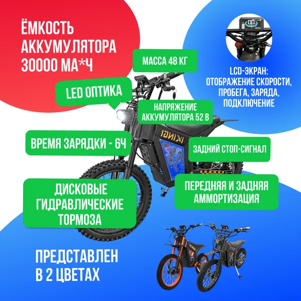 Электромотоцикл IKINGI WISH 01 1500W (52V/30Ah) - Чёрный фото №4