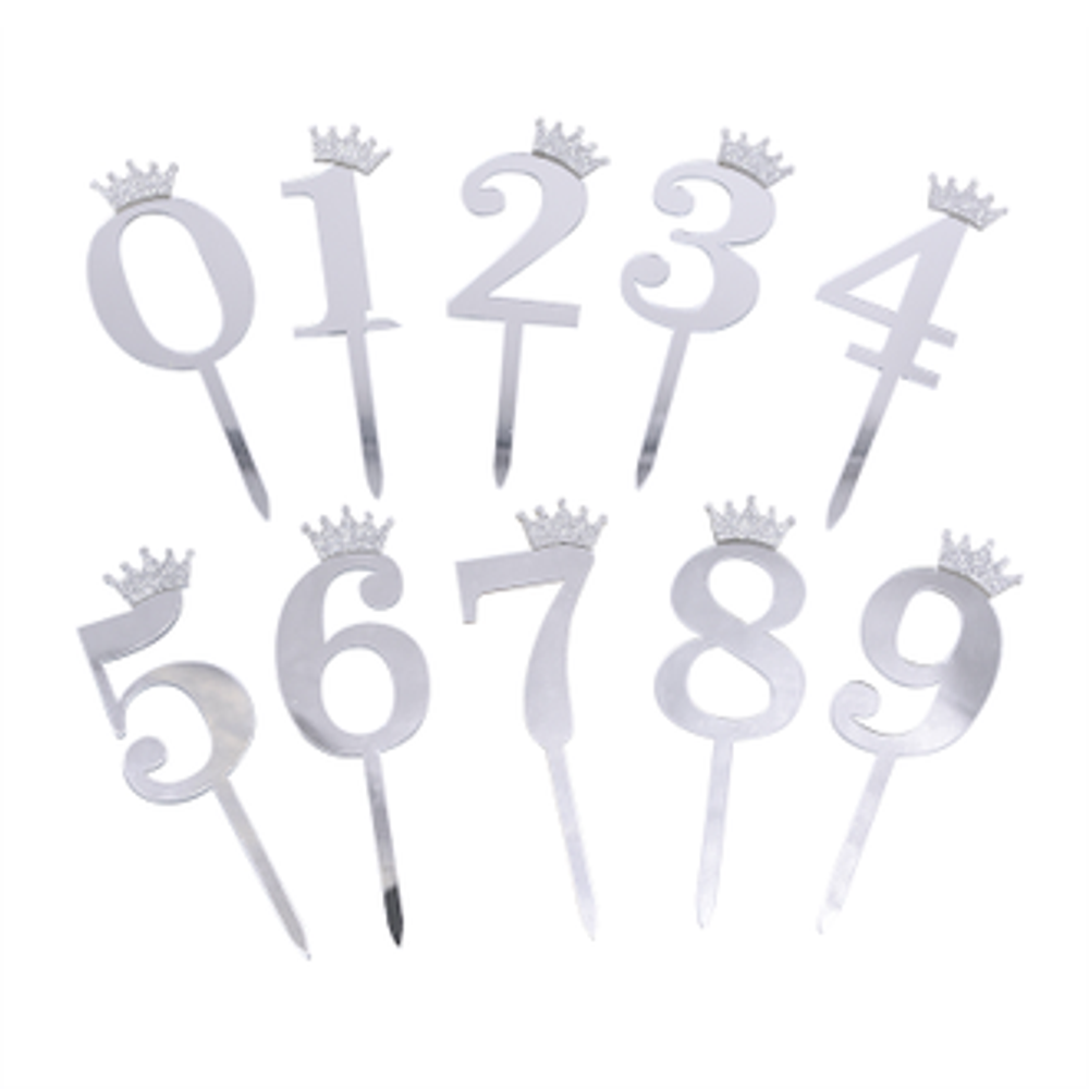 Топперы для торта "Цифра серебряная с короной" в ассортименте 1 шт