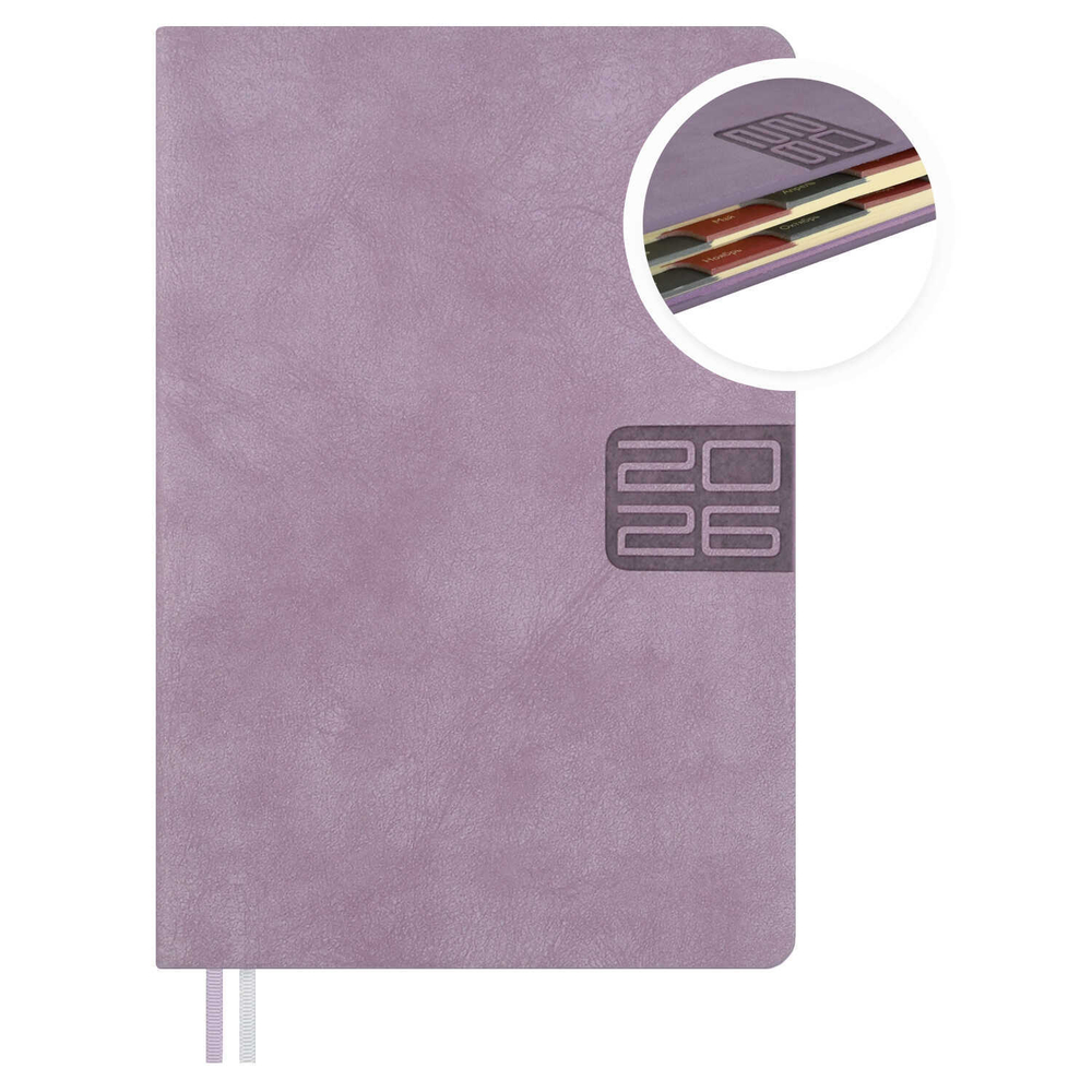 Ежедневник датированный 2026 ESCALADA, #ДУМАЙ КАК МИЛЛИАРДЕР, А6+, 176 л., арт. 70296/ 20 ТИВОЛ ГЛОСС СИРЕНЕВЫЙ (кожзам: 126x174 мм, твёрдый переплёт, запаянный край, материал обложки: искусственная кожа "Тиволи глосс"; декор: блинтовое тиснение; спо