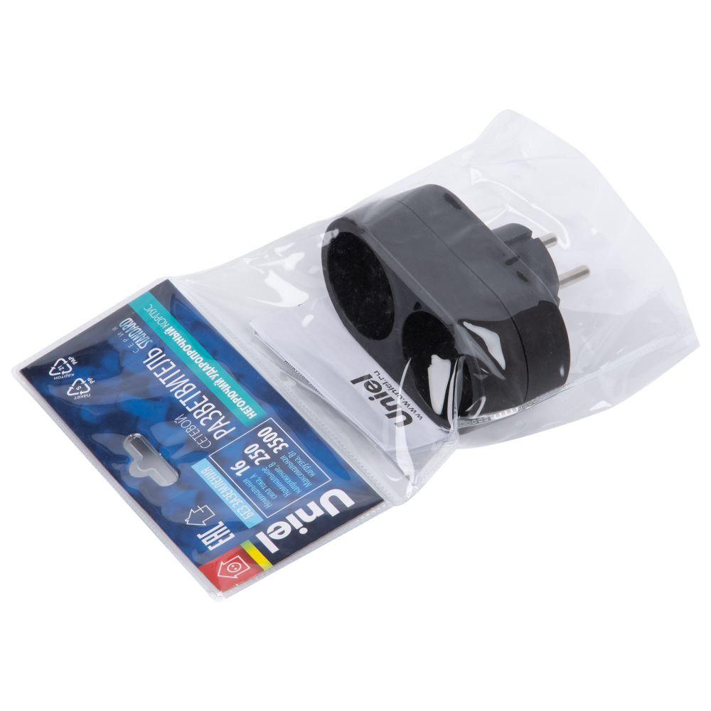 S-ES2-16O BLACK Разветвитель сетевой. б-з. 2 гнезда. 16А. 3500Вт. Черный. ТМ Uniel