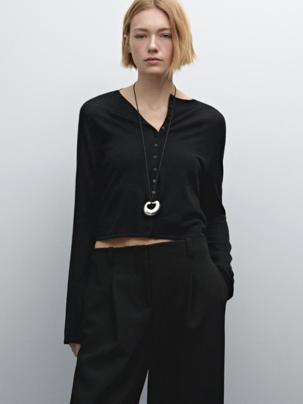 Massimo Dutti Брюки из струящейся ткани со средней посадкой и пряжками, черный