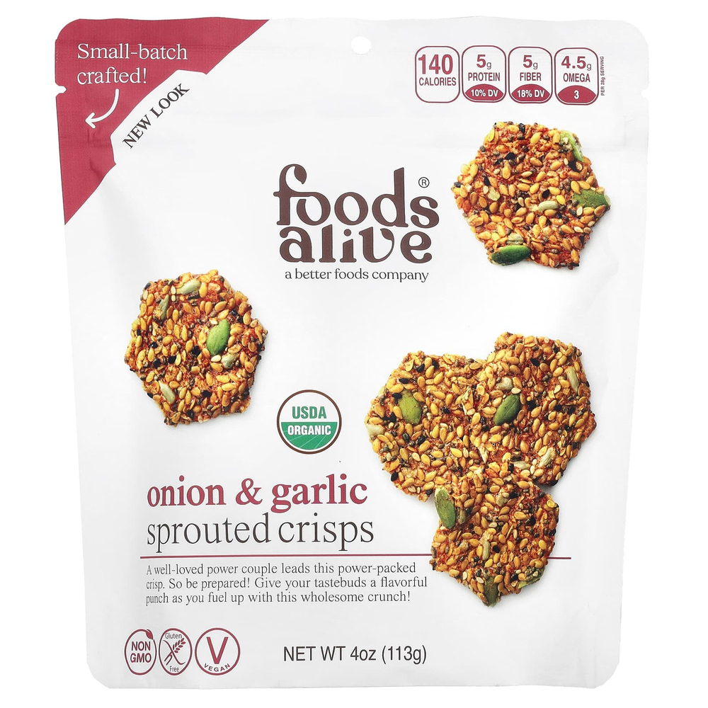 Foods Alive, Хрустящие чипсы, лук и чеснок, 113 г (4 унции)