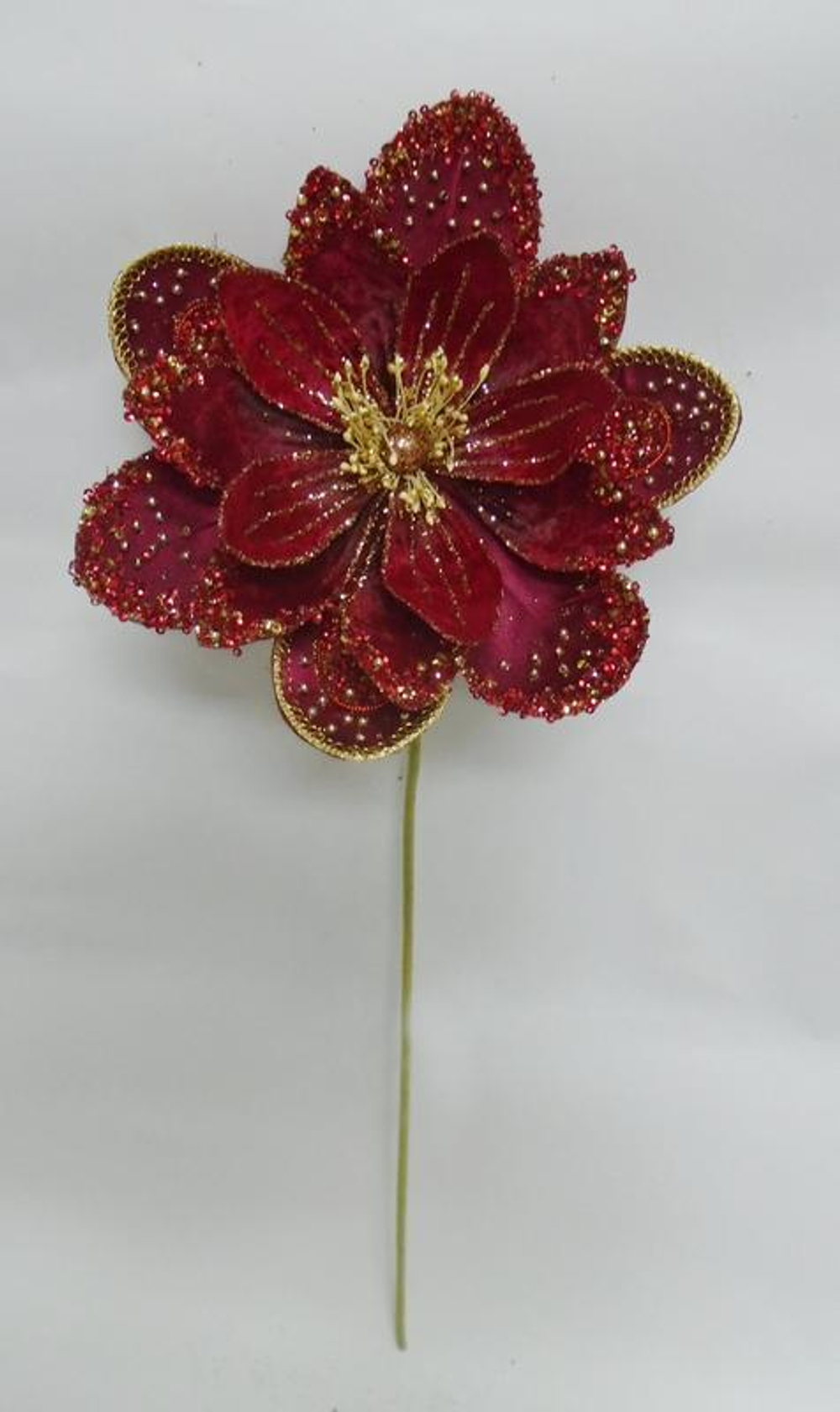 Цветок кувшинки 20х56см ChristmasDeLuxe бордовый с глиттером пайетками и бусинами на ножке