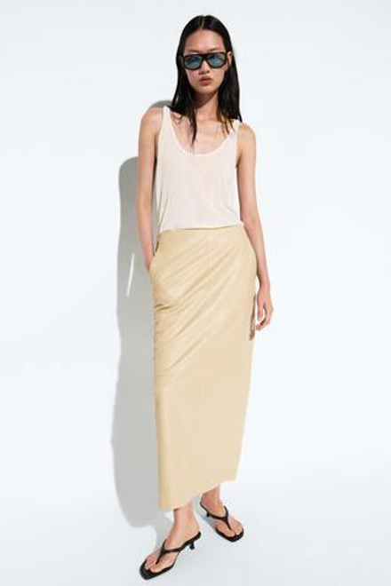 Massimo Dutti Юбка миди из кожи наппа, ванильный