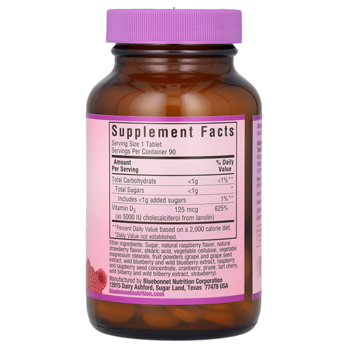 Bluebonnet Nutrition, витамин D3, малина, 5000 МЕ (125 мкг), 90 жевательных таблеток