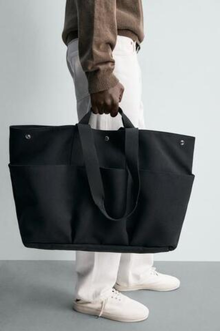 ZARA СУМКА ШОПЕР ИЗ ТЕХНО ТКАНИ, ЧЕРНЫЙ
