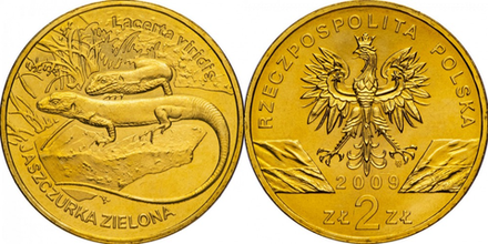 Польша 2 злотых, 2009 Зелёная ящерица