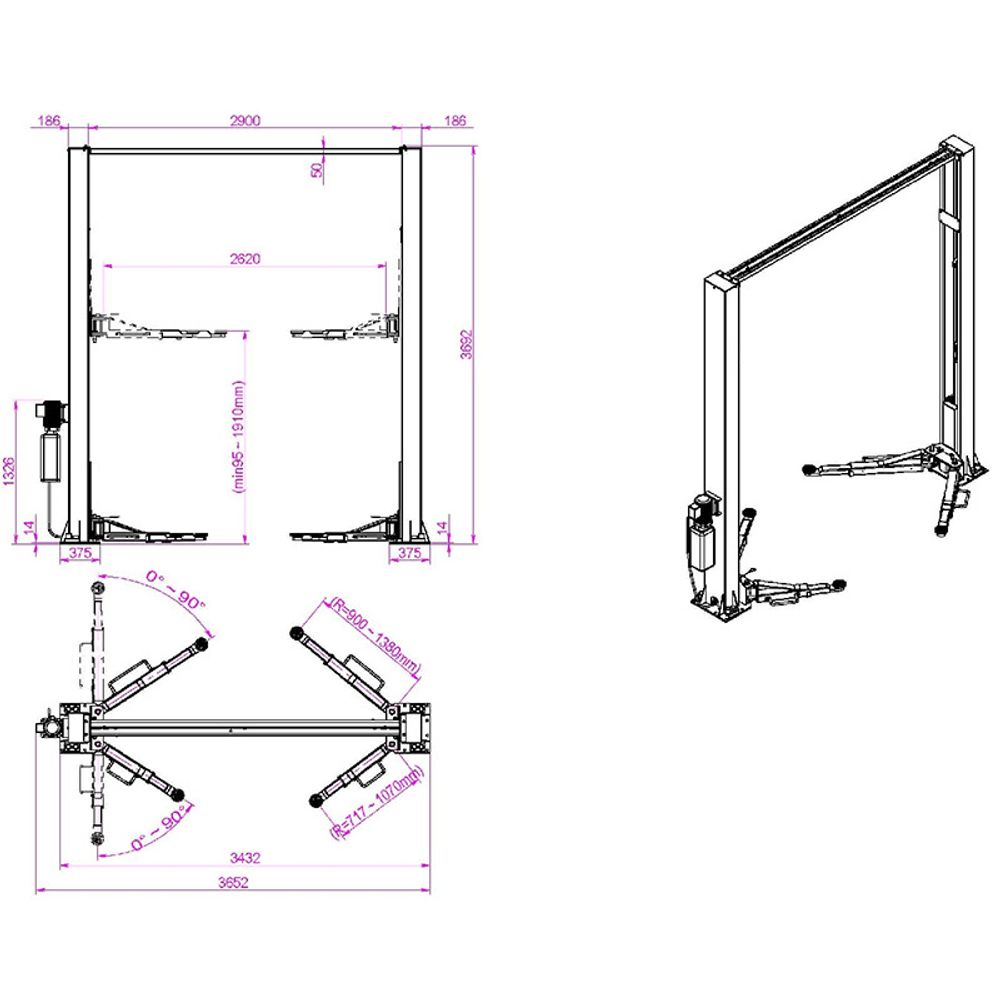 KraftWell (KRW4DLU) Подъемник двухстоечный г/п 4000 кг электрогидравлический